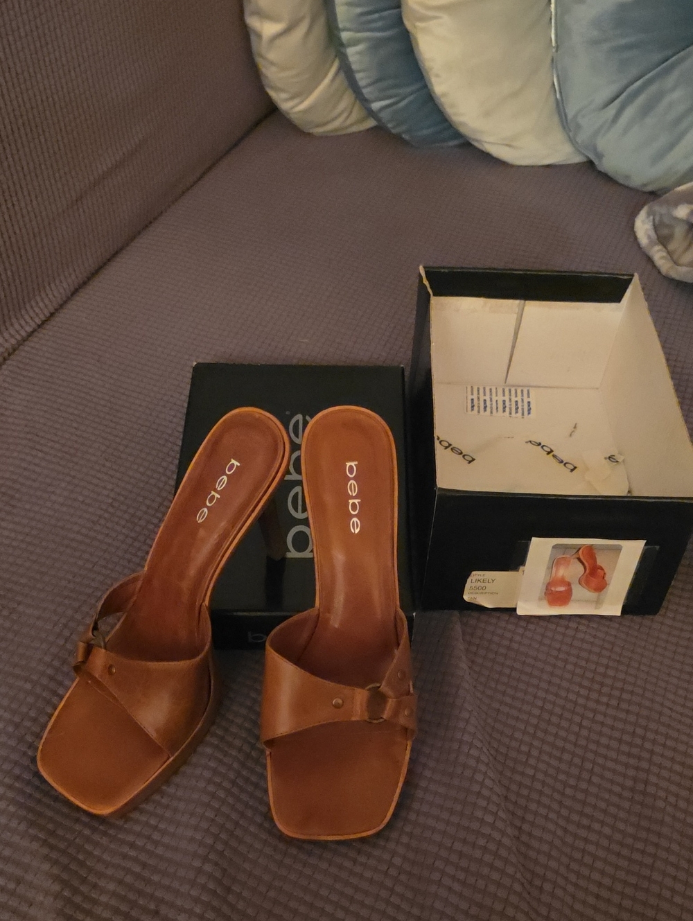 bebe Brown Leather Slide Mules with Buckle Accent